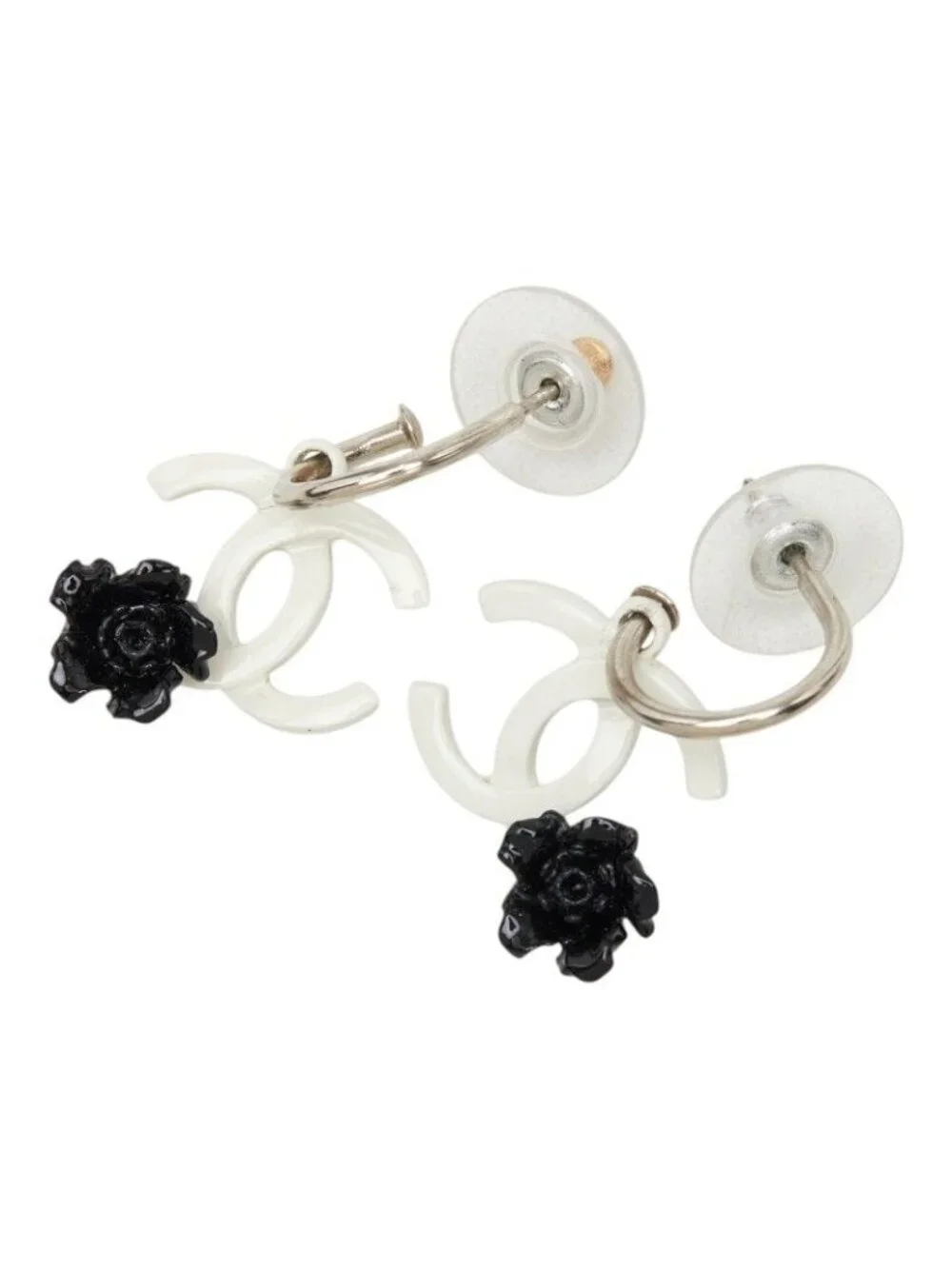 Chanel CC Logo Camellia Swing Earrings 04 White Black Metal